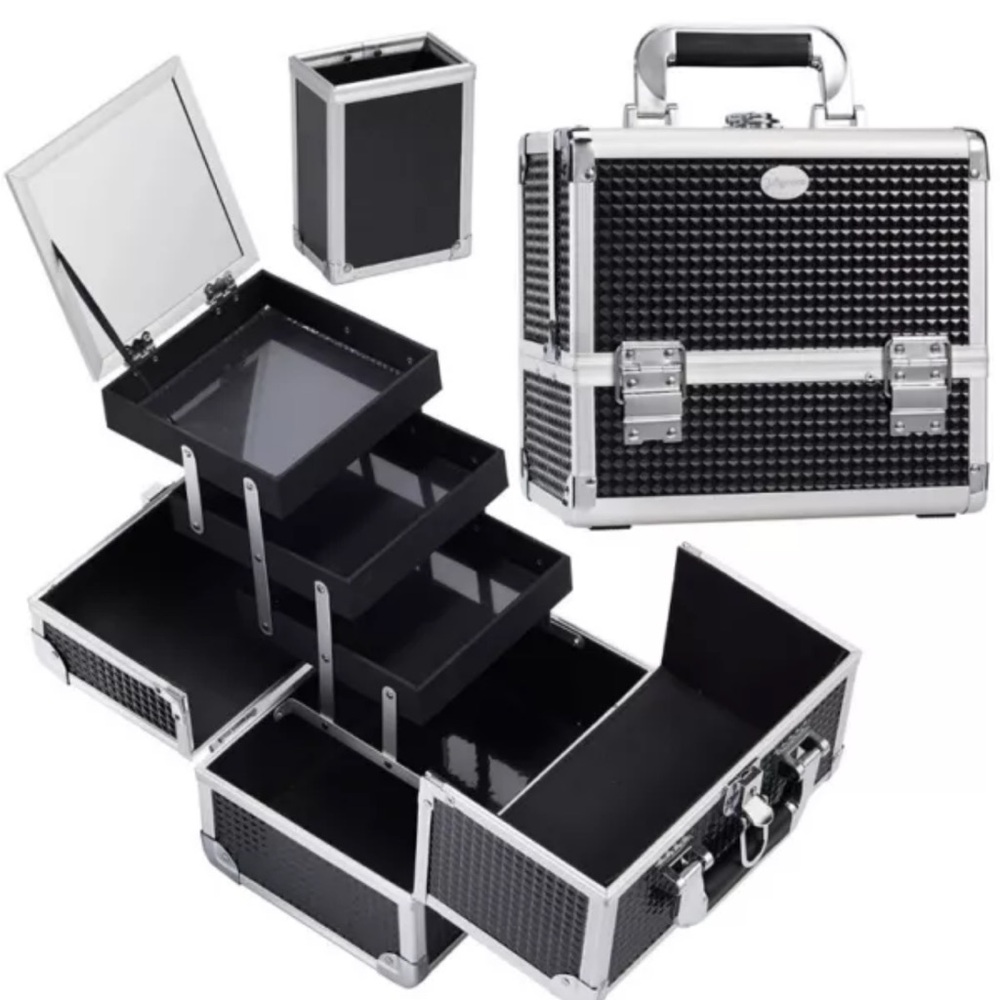 Joligrace Makeup Box Train Case Large Storage Capacity 3-Tier Trays with Mirror